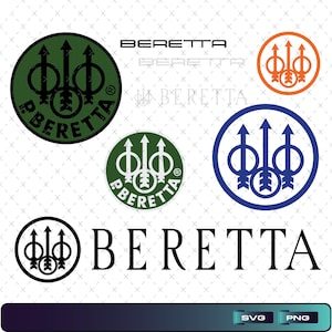 Puede incluir: Una colección de logotipos y diseños de texto de Beretta que presentan el icónico emblema de tres flechas en varios colores, incluidos verde oscuro, naranja, azul y negro. Los gráficos incluyen insignias circulares con el nombre Beretta y texto.