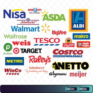 Op de afbeelding: Een verzameling van diverse supermarkt- en kruidenierslogo's, waaronder Nisa, Food City, Asda, Schnucks, Walmart, Hy-Vee, Aldi, Waitrose, Makro, Weis, Tesco, ShopRite, Piggly Wiggly, Publix, Target, Costco, Metro, Raley's, Netto, WinCo, Sainsbury's, Wegmans en Meijer.