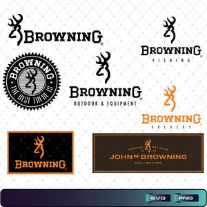 May include: A collection of black and orange Browning brand logos featuring the iconic buckmark symbol. The designs include various text layouts such as Browning, Browning Fishing, Browning Outdoor & Equipment, Browning Archery, and John M. Browning Collection.