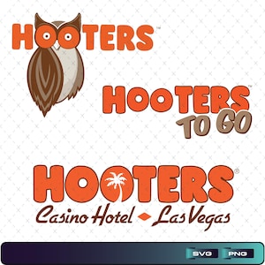 May include: Three Hooters brand logos featuring orange text. The first includes an owl illustration. The second reads Hooters To Go in orange and brown. The third reads Hooters Casino Hotel Las Vegas with a palm tree icon and a diamond shape.