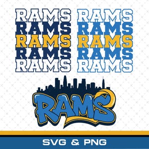 Pode incluir: Um design gráfico digital apresentando a palavra RAMS repetida em linhas empilhadas com contornos azuis, amarelos e brancos. Abaixo, uma silhueta de horizonte urbano azul escuro fica sobre um logotipo RAMS em estilo de grafite.