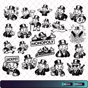 Może przedstawiać: Kolekcja czarno-białych ilustracji przedstawiających postać z gry Monopoly w różnych pozach, w tym trzymającą pieniądze, kości, karty do gry i pistolety. Zestaw zawiera napisy Monopoly, Chillionaire oraz Jackpot.