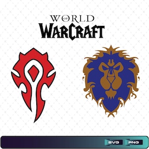 Könnte beinhalten: Eine digitale Grafik mit dem schwarzen Schriftzug World of Warcraft oben. Darunter befinden sich zwei Symbole: ein rotes Horde-Emblem links und ein blau-goldenes Allianz-Löwenwappen rechts. Eine untere Leiste enthält den weißen Text SVG und PNG.