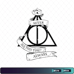 Könnte beinhalten: Ein schwarz-weißes Grafikdesign mit dem Symbol der Heiligtümer des Todes, einem Dreieck mit einem Kreis und einer vertikalen Linie, verschlungen mit einem verwitterten Banner. Der Text lautet AETER, ALL THIS TIME? und ALWAYS.
