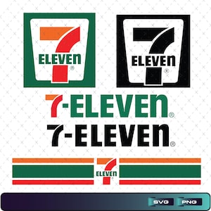 May include: A collection of 7-Eleven brand logos and graphic elements. The set includes the iconic trapezoid logo in green and black, the 7-Eleven wordmark in both colour and black, and horizontal striped bars in orange, green, and red.