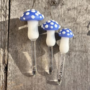 Mushroom Plant Stake SET OF 3 [sky Blue speckled cap  & White stem]