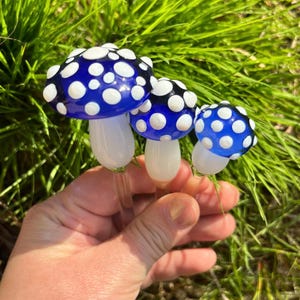 Mushroom Plant Stake SET OF 3 [XL Cobalt with white speckled Cap & White Stem]
