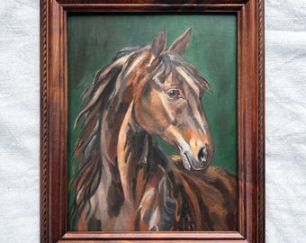 Original Horse Oil Painting, Forest Green Portrait Wall Art, Vintage Framed