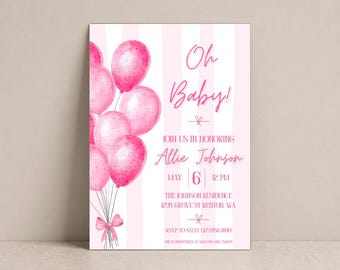 Baby Shower Invitation Pink Balloon Party Invite Digital Download Oh Baby Girl Template 0003