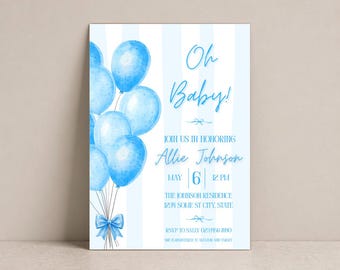 Baby Shower Invitation Blue Balloon Party Invite Digital Download Oh Baby Boy Template 0004