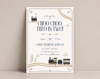 Choo Choo Two Birthday Invitation Train Party Invite Digital Download Toddler Boy Template 0002