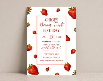 Berry First Birthday Invitation Strawberry Party Invite Digital Download Baby Girl Birthday Template 0001