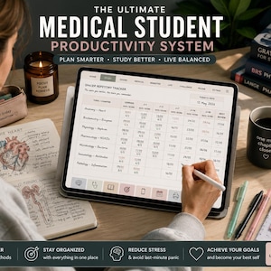Könnte beinhalten: Ein digitales Produktivitätssystem für Medizinstudierende auf einem Tablet-Bildschirm, das einen Tracker für räumliche Wiederholungen mit Spalten für Themen, Daten und Wiederholungsintervalle sowie medizinische Lehrbücher und einen Becher zeigt.