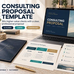 Op de afbeelding: Een adviesvoorstel-sjabloon weergegeven op een laptopscherm en afgedrukt op twee vellen papier. De documenten bevatten secties genaamd Investment & Packages en Project Timeline, met tekst zoals Consulting Proposal, 32 Slides, Canva en PowerPoint.