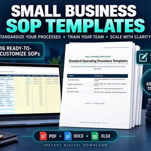 May include: A digital product display featuring Small Business SOP Templates with text including 16 Ready-to-Customize SOPs, Editable Templates, and 45-Page Toolkit. A laptop shows a spreadsheet, while a stack of papers displays procedure documentation.
