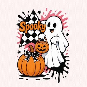 Spooky Halloween Ghost Png, Cute Checkered Ghost Coquette Png, Preppy Spooky Season Png, Girly Pumpkin Sublimation, Pink Halloween Shirt Png