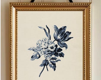Vintage Botanical Floral Print - Indigo Blue Cottagecore Wall Art in Multiple Sizes
