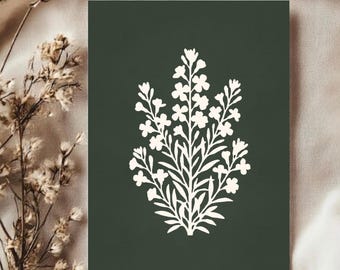 May include: A rectangular print featuring a dark forest green background with a centered, off-white botanical illustration of a flowering plant. The plant design displays symmetrical stems, pointed leaves, and small, delicate four-petaled blossoms.