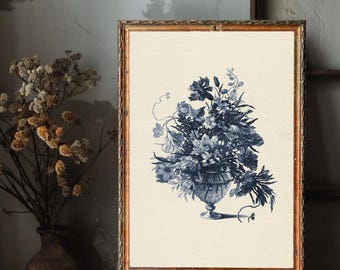 Vintage Botanical Floral Print - Indigo Blue Cottagecore Wall Art Poster, Unframed & Available in Multiple Sizes