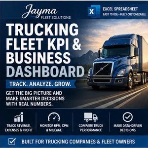 Könnte beinhalten: Eine digitale Excel-Tabelle für LKW-Flotten-KPIs und Geschäftsmanagement. Die Grafik zeigt einen blauen Sattelzug, den Text Jayma Fleet Solutions sowie Bereiche zur Nachverfolgung von Umsatz, Ausgaben, Gewinn, RPM, CPM, Kilometerstand und LKW-Leistung.