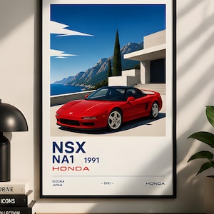 Op de afbeelding: Een ingelijste kunstprint met een rode 1991 Honda NSX NA1 sportwagen geparkeerd voor een modern gebouw met een kust- en berglandschap op de achtergrond. De tekst luidt NSX NA1 1991 HONDA, SUZUKA JAPAN, 1991 en HONDA.