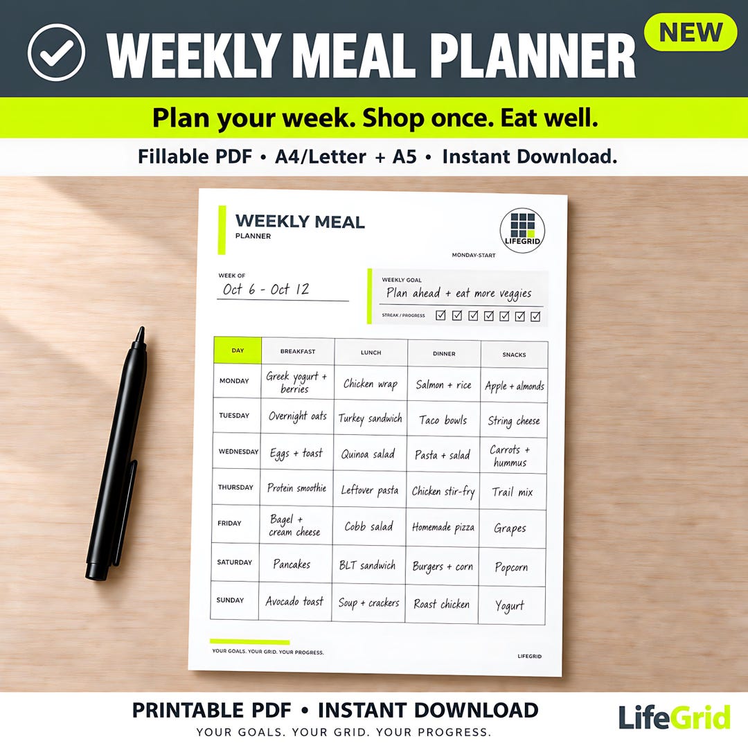 Weekly Meal Planner Printable With Grocery List, 4 Pages in 24 Pdfs ...