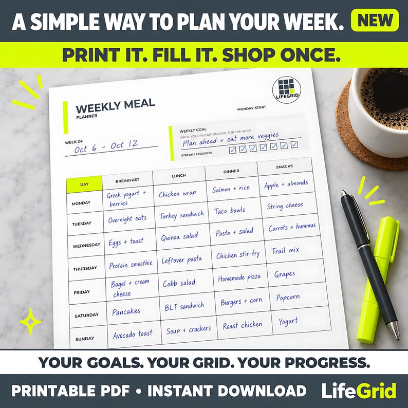 Weekly Meal Planner Printable With Grocery List, 4 Pages in 24 Pdfs ...