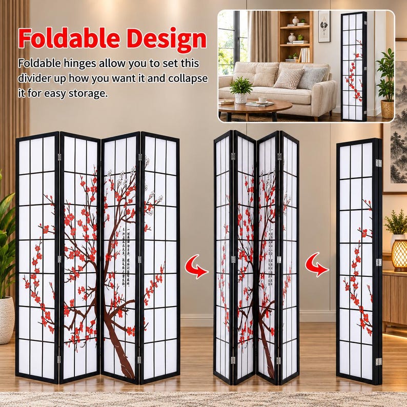 Calligraphy Divider Tree Japanese Shoji Room Divider, 4-panel Plum Blossom Screen, Wooden ...