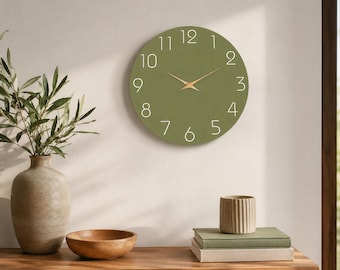 Grüne Wanduhr, minimalistische, geräuschlose Holzuhr, moderne Küchendekoration, Einzugsgeschenk