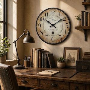 Könnte beinhalten: Eine runde Wanduhr mit einem cremefarbenen Zifferblatt im Used-Look, schwarzen römischen Ziffern und schwarzen Metallzeigern. In der Mitte steht der Text Antoine de Praite, Paris depuis 1801, 23 Boulevard des Batignolles. Sie hat einen dunklen Rahmen.