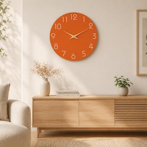 Orange väggklocka, tyst minimalistisk klocka, modern köksinredning, inflyttningspresent