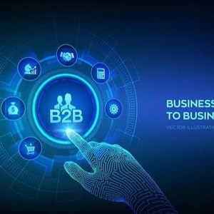 May include: A digital graphic illustration on a dark blue background featuring the text BUSINESS TO BUSINESS. A wireframe hand points toward a central glowing circle containing the B2B icon, surrounded by smaller circular icons of commerce.
