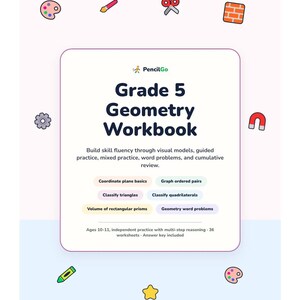May include: A Grade 5 Geometry Workbook by PencilGo featuring educational topics like coordinate plane basics, classifying triangles, and volume of rectangular prisms. The cover includes icons of a palette, scissors, brick, magnet, and crayon.