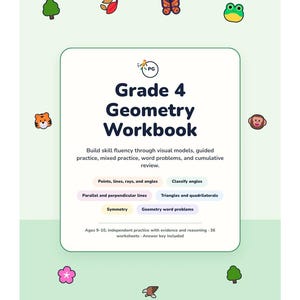 May include: A Grade 4 Geometry Workbook with a light green cover featuring small icons of a tree, leaf, butterfly, frog, tiger, monkey, flower, and eagle. The text reads Grade 4 Geometry Workbook, listing topics like points, lines, rays, angles, and symmetry.