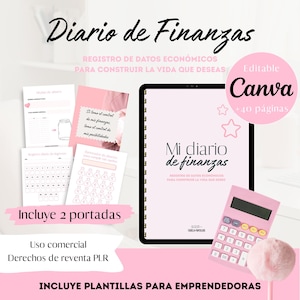 Puede incluir: Un conjunto de plantillas de planificador financiero digital con una tableta que muestra el título Mi diario de finanzas, junto a páginas impresas con rastreadores de ahorro, registros de ingresos y una calculadora rosa con un bolígrafo peludo.