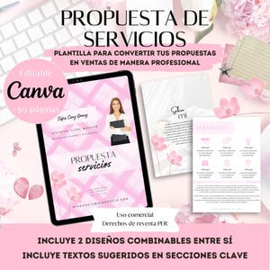 Puede incluir: Una plantilla digital de propuesta de servicios para Canva con detalles florales en rosa y blanco. El diseño incluye una pantalla de tableta que muestra una portada con texto, junto a dos páginas de documentos impresos con secciones.