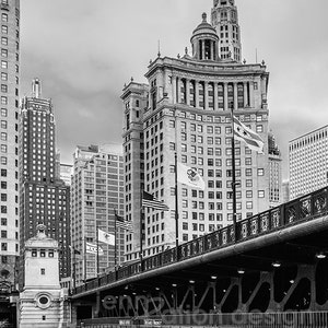 Chicago Photography, Chicago Architecture, DuSable Bridge, Michigan Ave, Chicago River Downtown Bridge, Art Deco, Black & White Photo Print