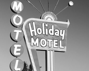 Holiday Motel Black & White Photo • Neon Sign Print • Las Vegas Neon • Vegas Photography • Retro Art • Antique Sign • Vintage Sign