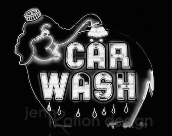 Neon Sign • Elephant Super Car Wash • Black and Seattle Antique Sign Photo • Seattle • Retro Sign • Vintage Sign Photography Print