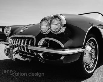 Corvette Photo, Black & White Car Photography, Black Corvette Wall Art, 1958 Corvette, Vette, Route 66, Gift for Car Lover Photo Print,