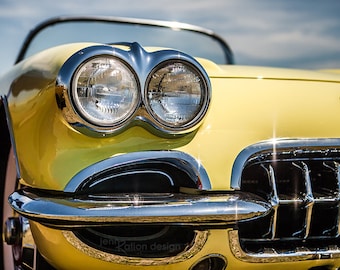 Corvette Photo, Classic Car Photography, Yellow Corvette, Chevrolet, 1958 Corvette, Vette, Route 66, Gift for Car Lover Photo Print,