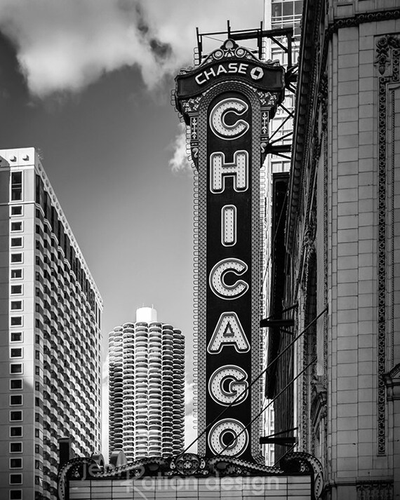 Chicago Photography, Chicago Theatre Neon Sign, Chicago Wall Art, Marina Towers, Downtown Chicago, Theater Marquee Black & White Print
