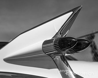 Caddy Fin Black & White Photo, Cadillac Black and White Car Photography, Tail Fin Photo, Vintage Caddy, Detail Car Photograph Print