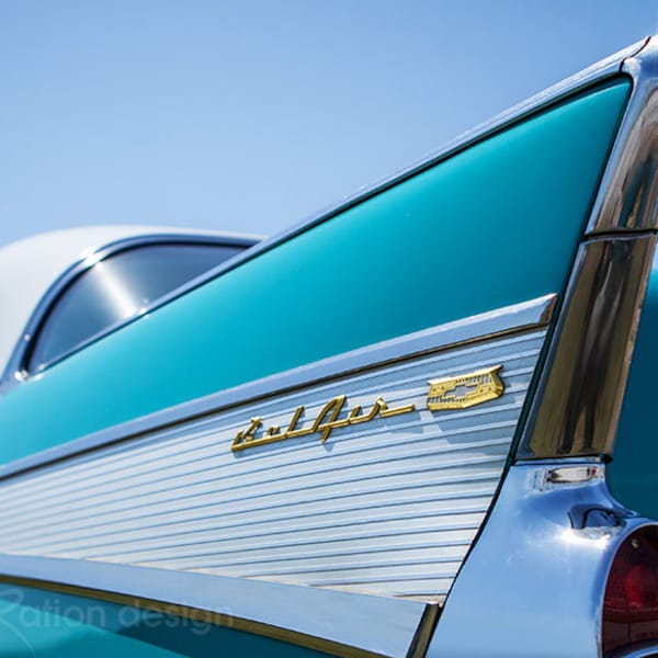 57 Chevy, Chevy Bel Air-2, Autofotografie, Oldtimer, Aqua Blue Flosse, Chevy Bel Air, Geschenk für Autoliebhaber, Fotodruck