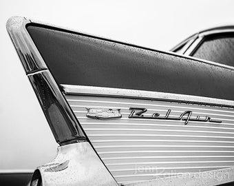 57 Chevy, Black & White 57 Chevy Wall Art, Fin Photography, 1957 Chevy Bel Air, Gift for Classic Car Lover, Photograph Print