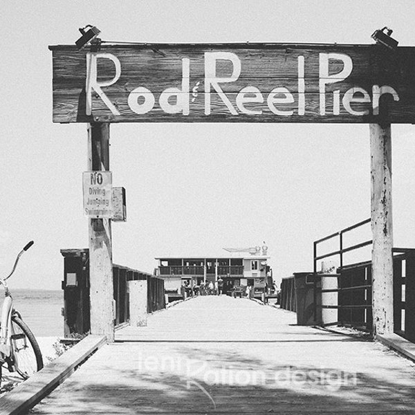 Anna Maria Island Print, Beach Photography, Fishing Pier, Rod & Reel Pier, Coastal Decor, Black and White, Bike Photograph Print Poster