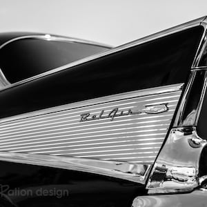57 Chevy, Black & White Classic Car Photography, Chevrolet Bel Air Classic Car Fin, Chevy Bel Air, Gift for Car Lover, Photograph Print
