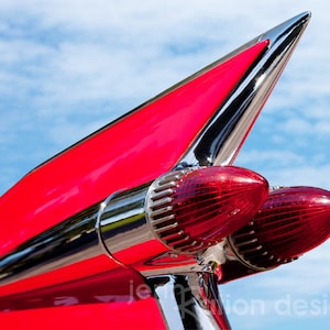 Car Photography, 1959 Cadillac Fins, Caddy, Classic Car 8x10 Photography, Red Caddy Photograph Print, Chrome, 1950s Gift for Car Lover