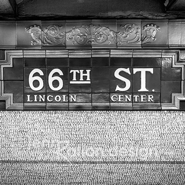 New York City Subway Sign • NYC Subway Art • 66th Street • Lincoln Center • Juilliard New York Black and White Photo, Art Deco Photography