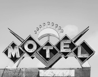 Neon Schild • Motel Schild schwarz weiß Foto • Retro Motel • Schild Fotografie Druck • Chevron Foto • Retro Kunst • Antik Schild • Vintage Schild